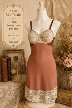 Vintage Van Raalte 1970s Nylon Lace Bra Slip Mocha Rust 32B